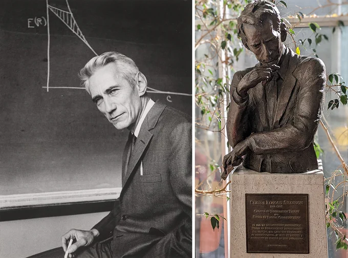 At left, grayscale photo of an older Claude Shannon posing at a blackboard. At right, color photo of a bust of Shannon, pensive and looking down, in front of glass windows on a sunny day.