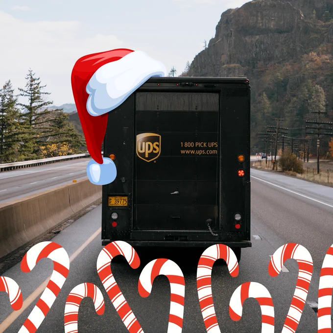 UPS truck with a Santa hat framed by candy canes