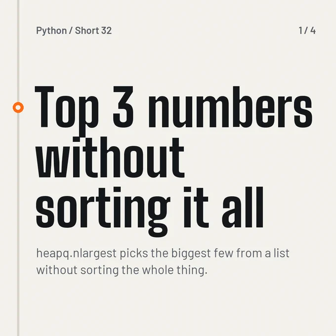 Slide reading 'Top 3 numbers without sorting it all'. The next slides show heapq.nlargest and nsmallest with their output, what to remember, and end with: Top k? Use heapq.