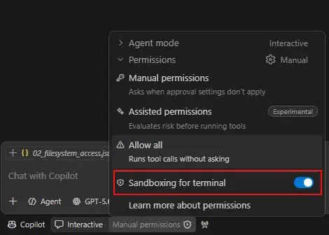 Screenshot showing the Sandboxing for terminal toggle in the Permissions menu.