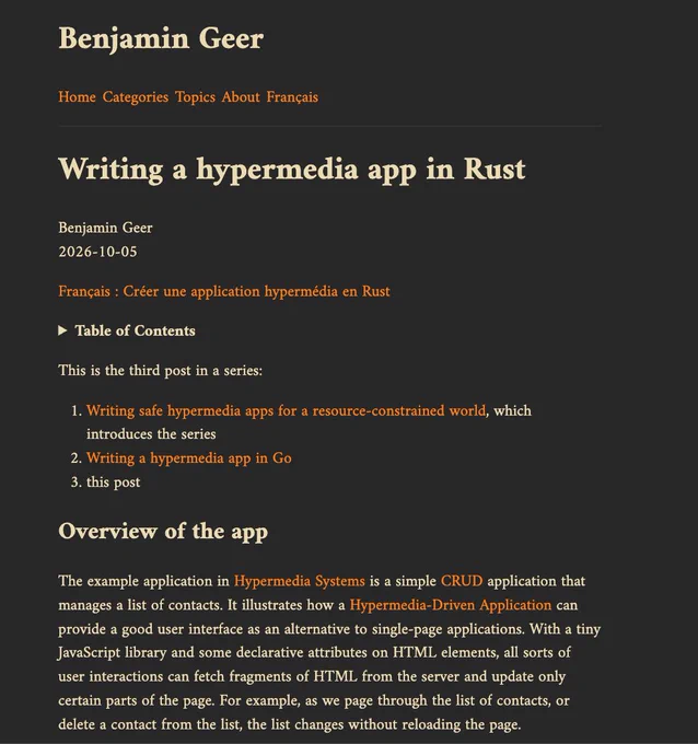 Image: Writing a hypermedia app in Rust 


> Benjamin Geer builds a type-safe, multilingual Rust hypermedia app with Axum, Askama, SQLx, full-text search, cursor pagination, and compile-time error detection. 

